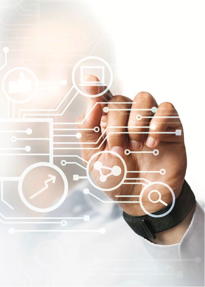 A hand interacting with a connected technology interface